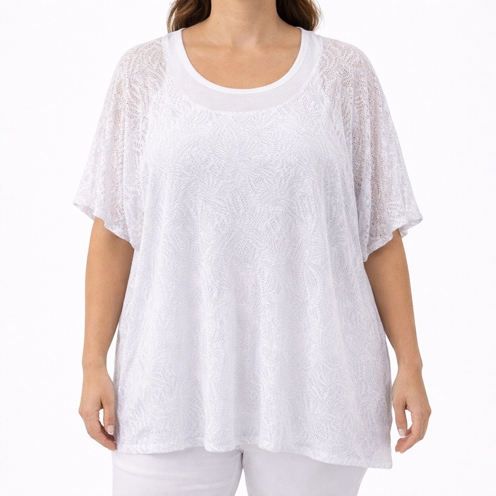 CJ Banks White Crochet Lace Blouse 2X Plus Boho Textured Short Sleeve Scoop Neck